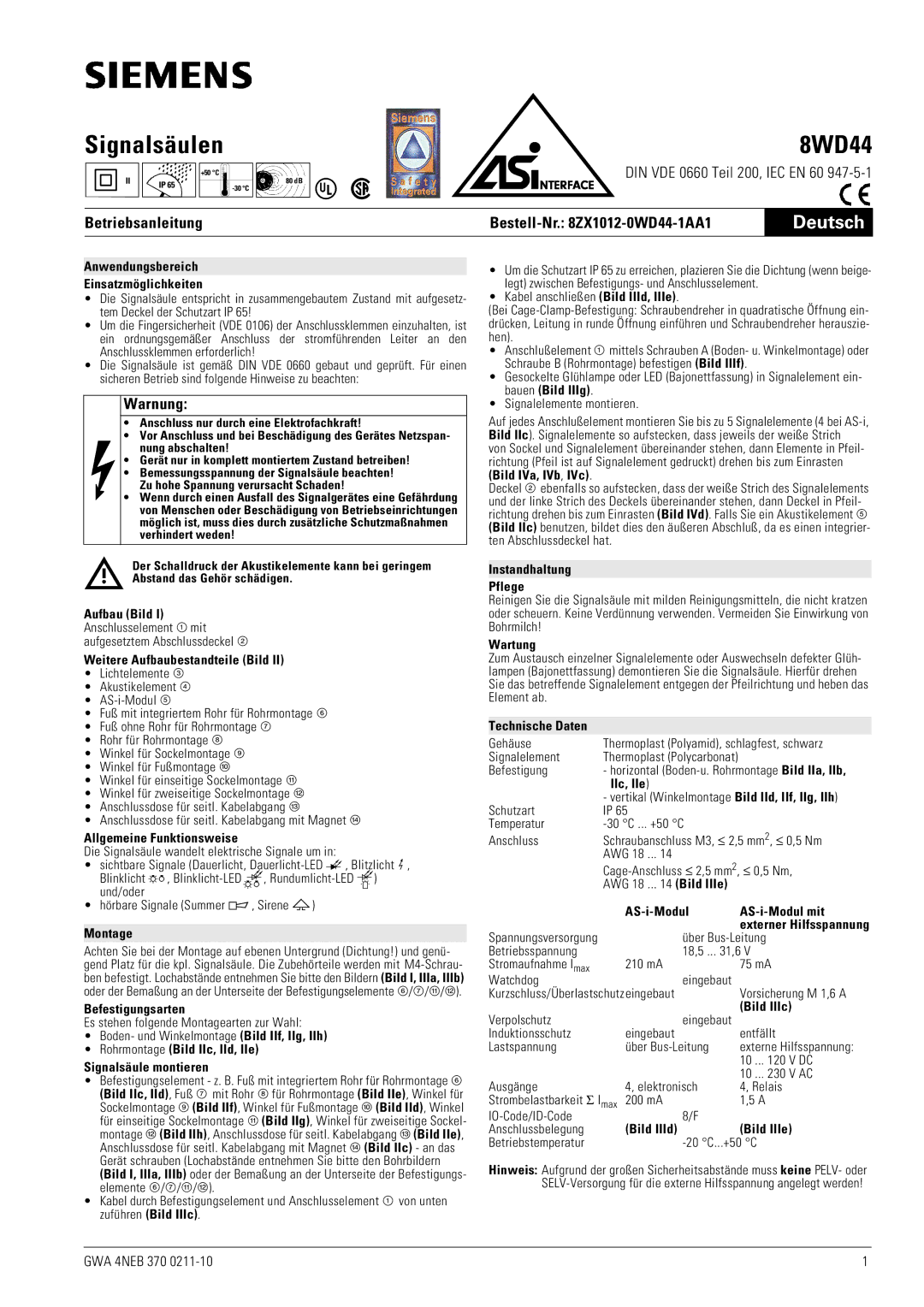 Siemens 8WD44 manual Deutsch, Betriebsanleitung, Warnung 