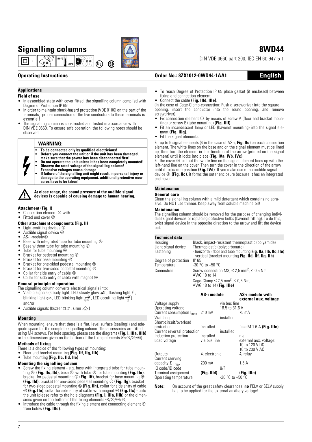 Siemens 8WD44 manual English, Operating Instructions 