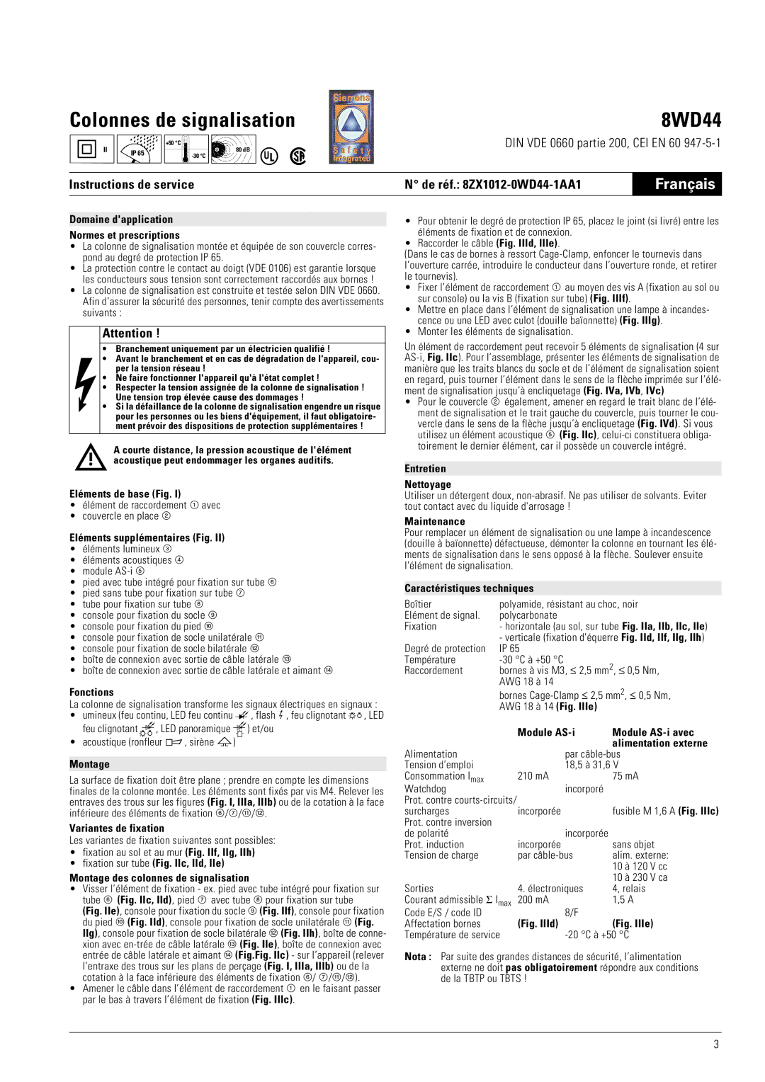 Siemens 8WD44 manual Français, Instructions de service 