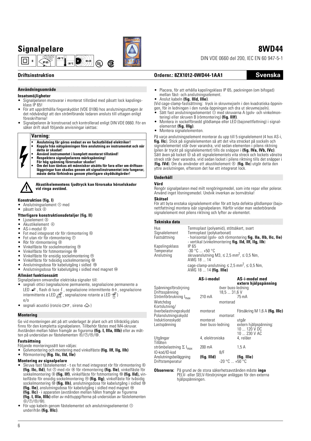 Siemens 8WD44 manual Svenska, Driftsinstruktion, Varning 