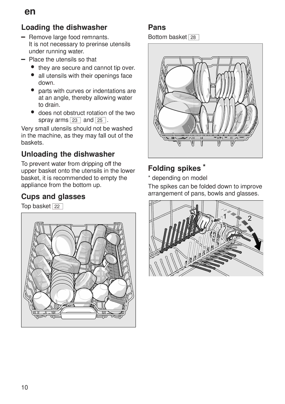 Siemens 9000407137(8811) manual Loading the dishwasher, Unloading the dishwasher, Cups and glasses, Pans, Folding spikes 