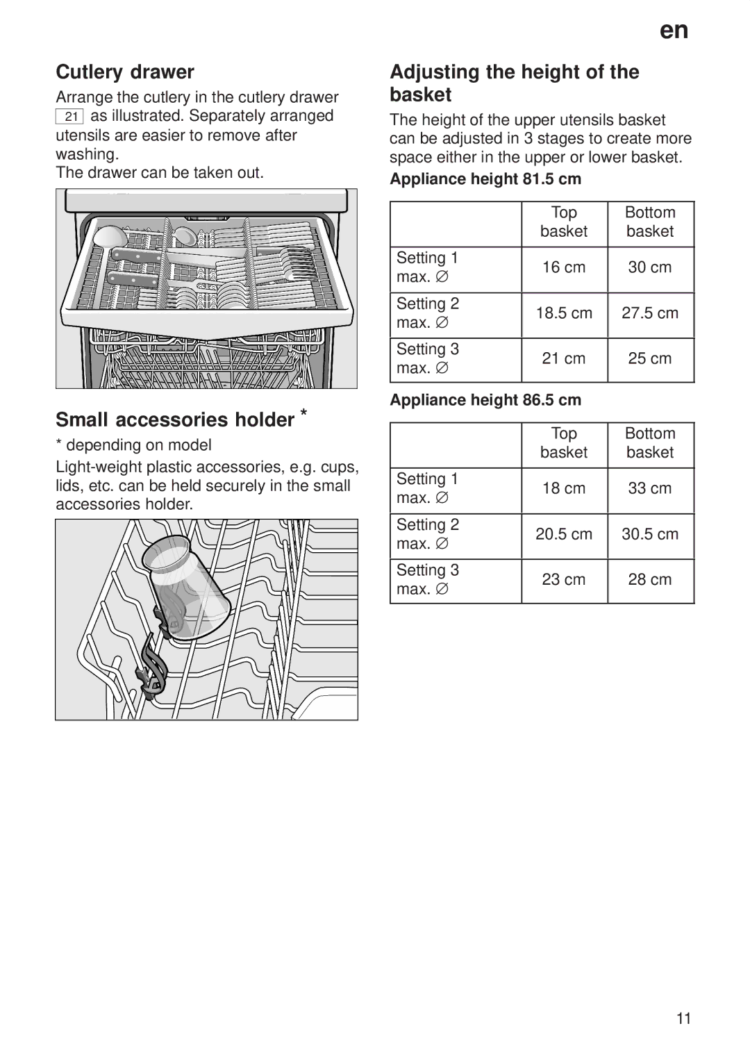 Siemens 9000407137(8811) manual Cutlery drawer, Small accessories holder, Adjusting the height of the basket 