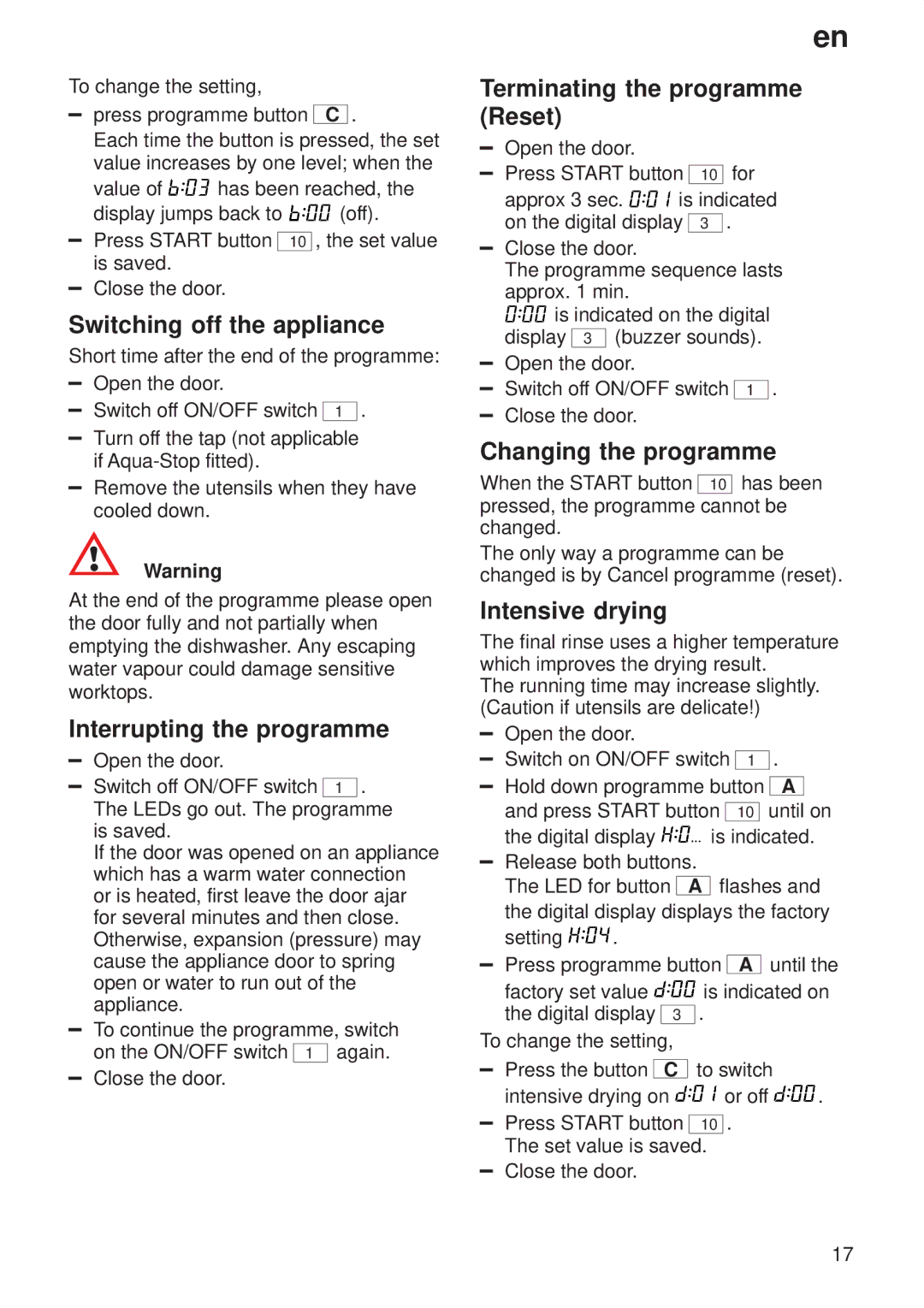 Siemens 9000407137(8811) manual Switching off the appliance, Interrupting the programme, Terminating the programme Reset 