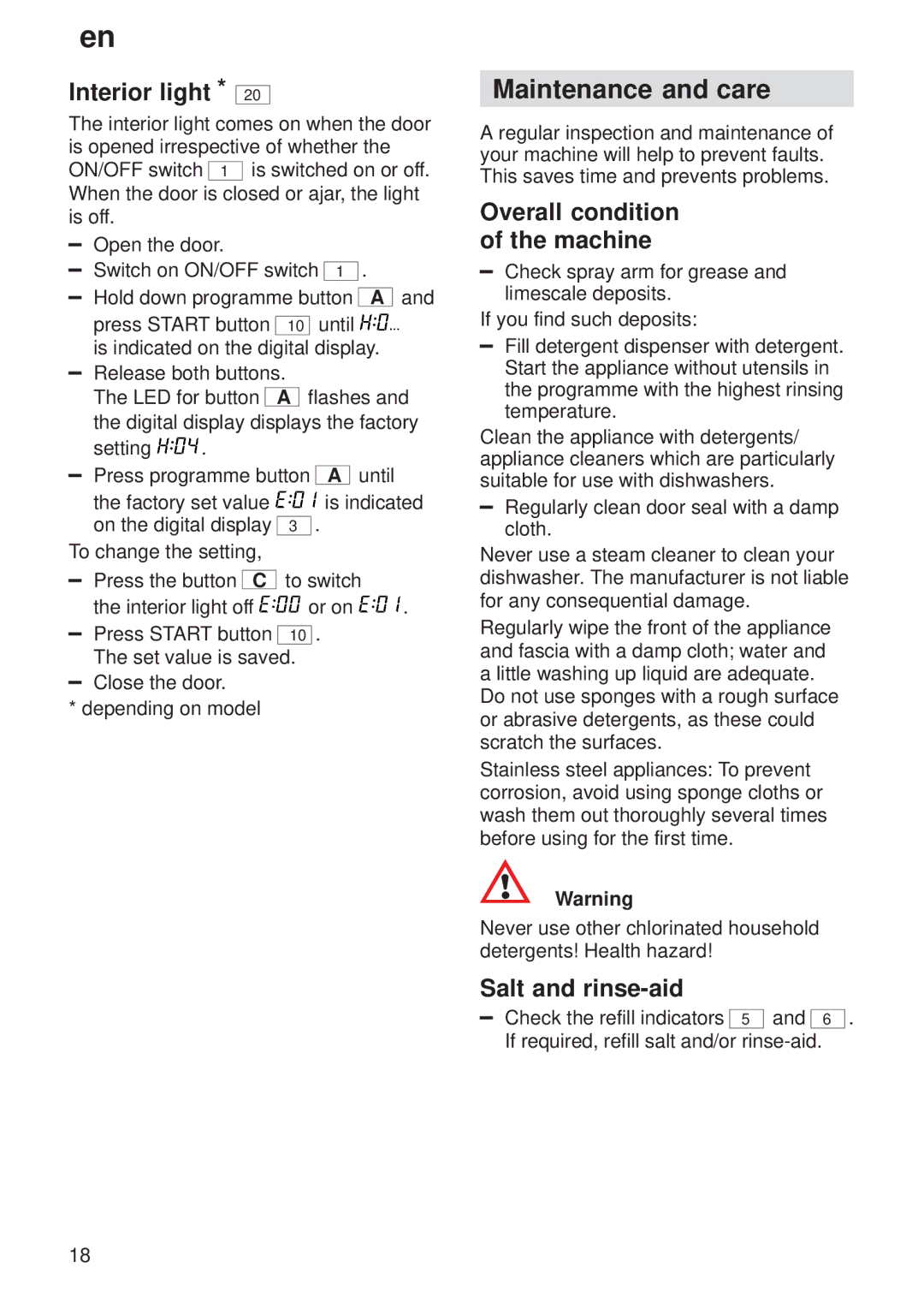 Siemens 9000407137(8811) manual Maintenance and care, Interior light, Overall condition of the machine, Salt and rinse-aid 