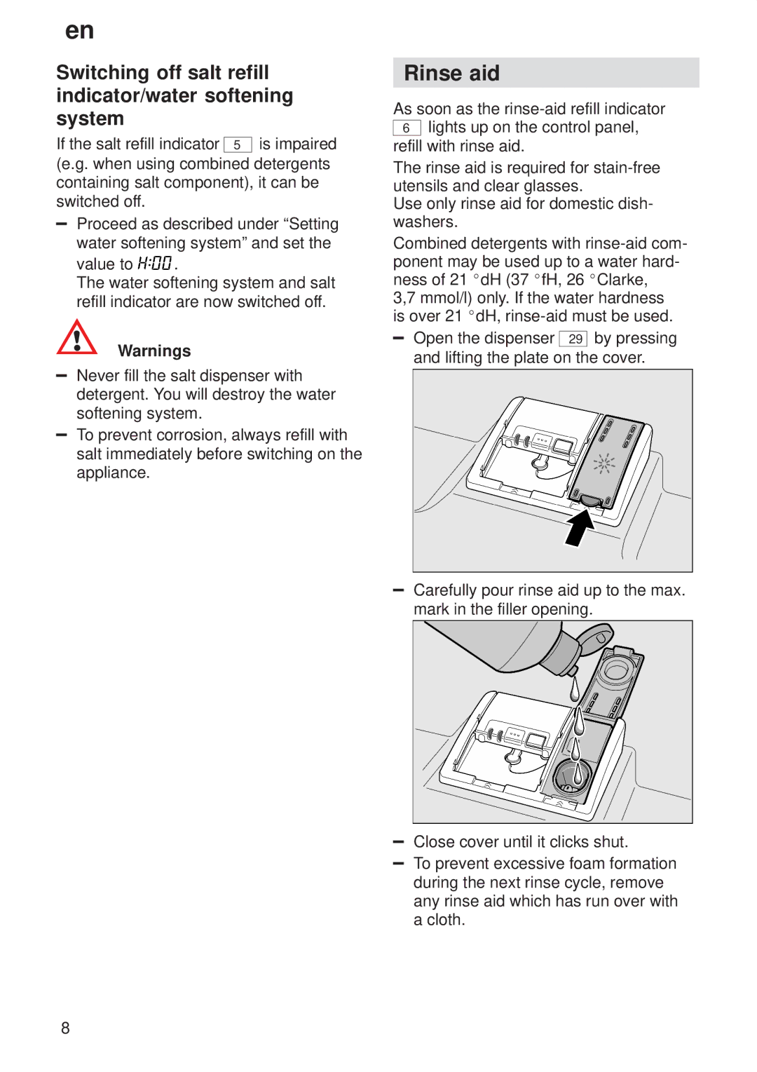 Siemens 9000407137(8811) manual Rinse aid, Switching off salt refill indicator/water softening system 