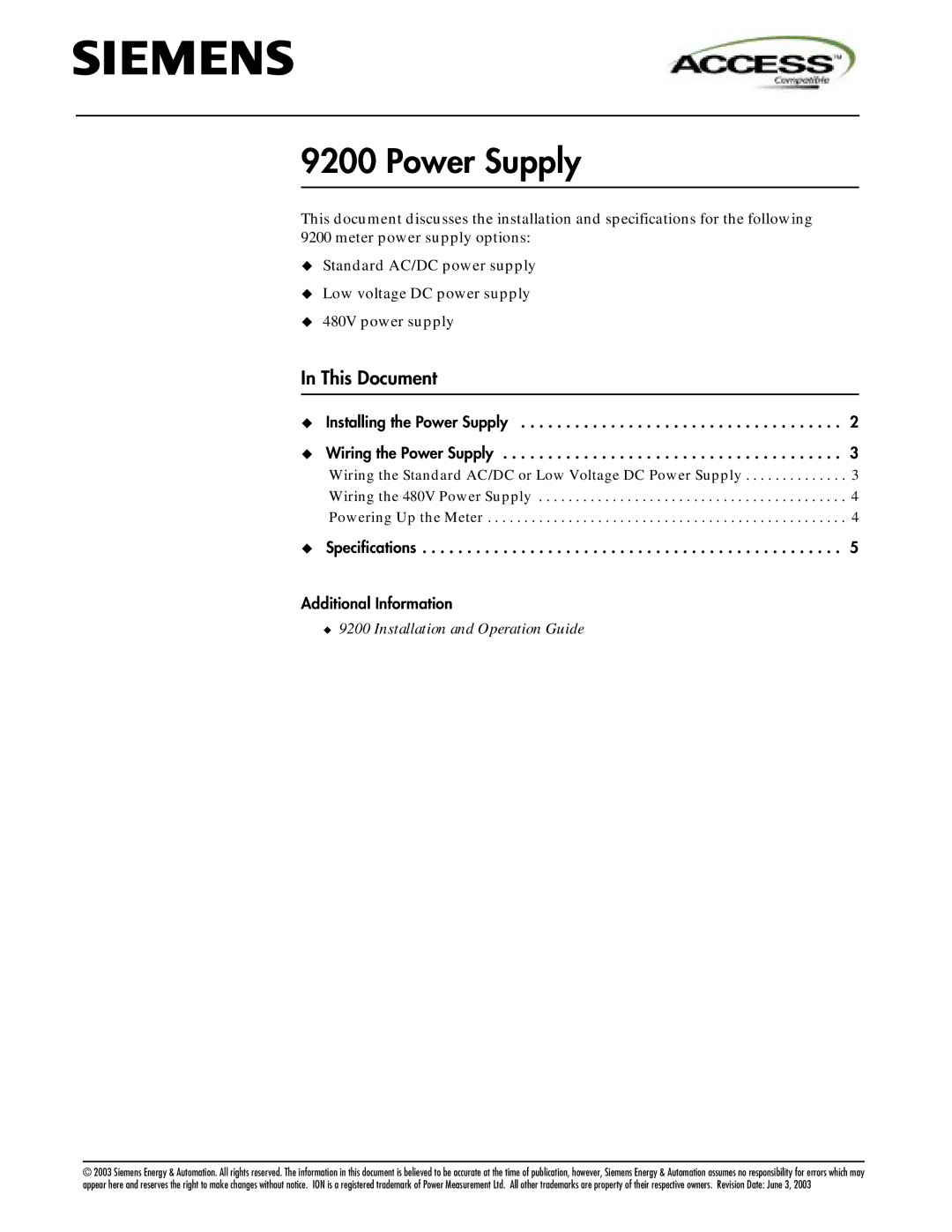 Siemens 9200 specifications Power Supply 