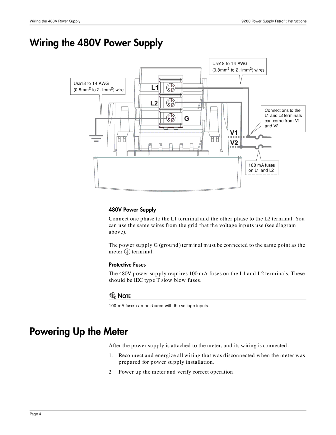 Siemens 9200 specifications Wiring the 480V Power Supply, Powering Up the Meter 