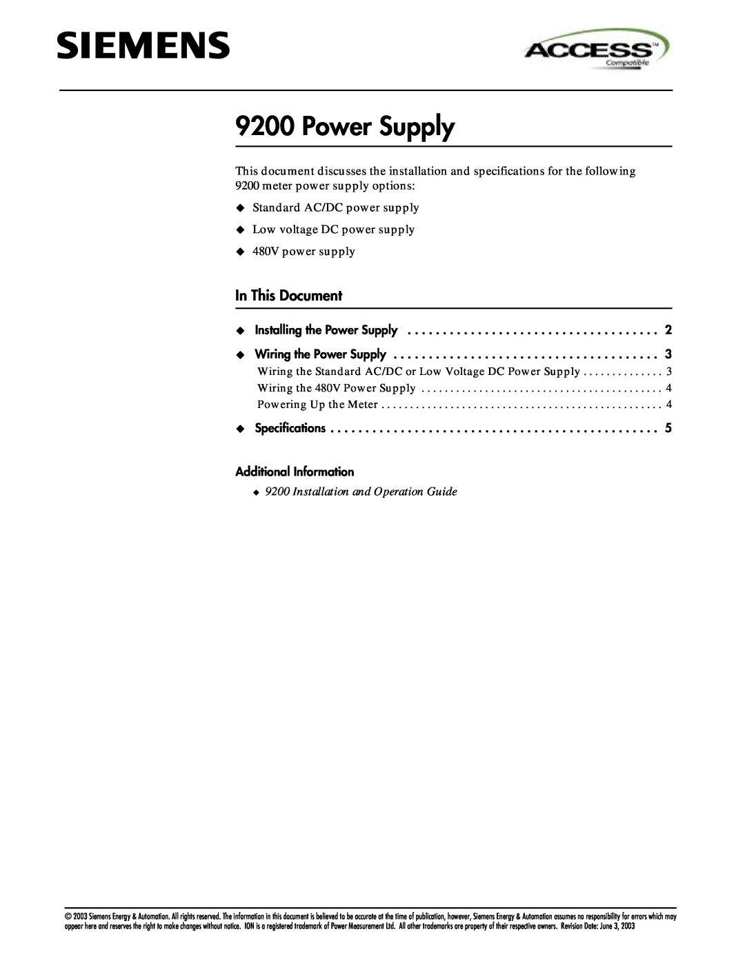 Siemens 9200 specifications Power Supply, In This Document, Installation and Operation Guide 