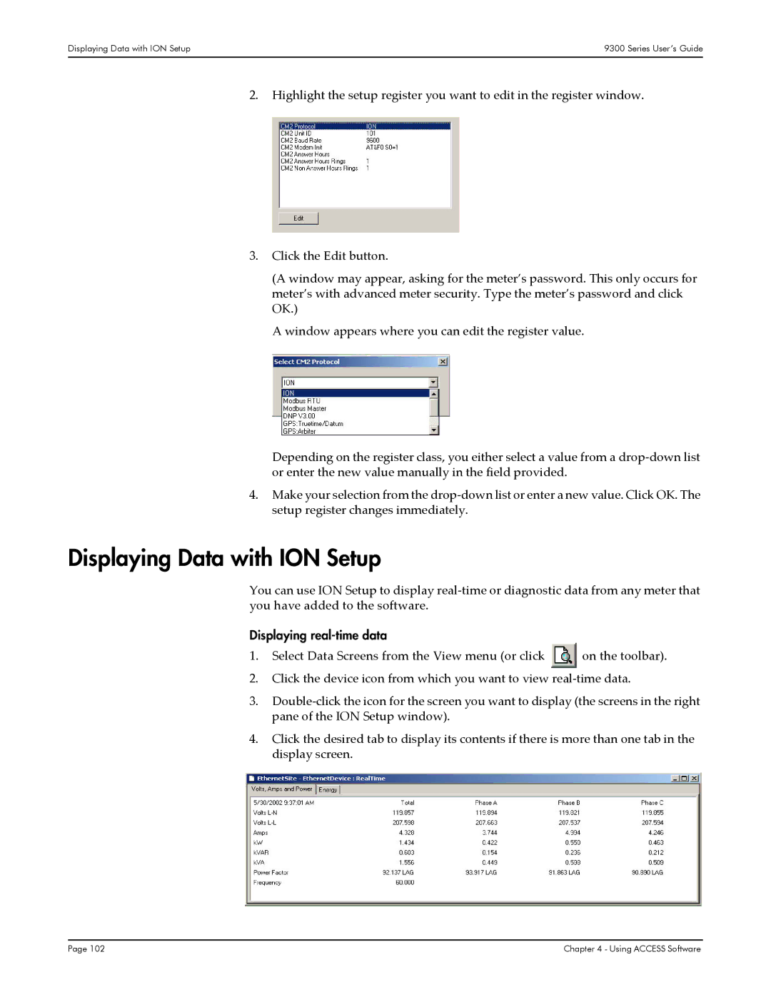 Siemens 9350, 9300, 9330 manual Displaying Data with ION Setup, Displaying real-time data 