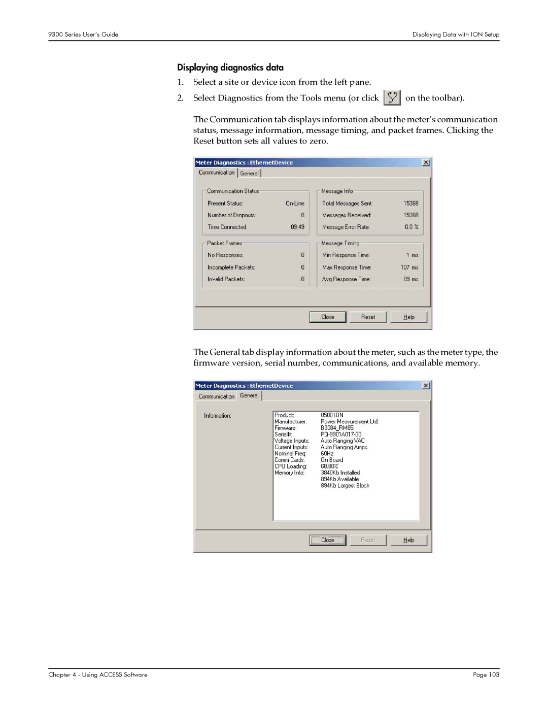 Siemens 9300, 9350, 9330 manual Displaying diagnostics data 