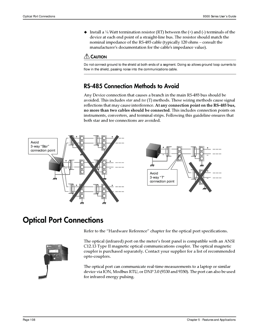 Siemens 9350, 9300, 9330 manual Optical Port Connections, RS-485 Connection Methods to Avoid 