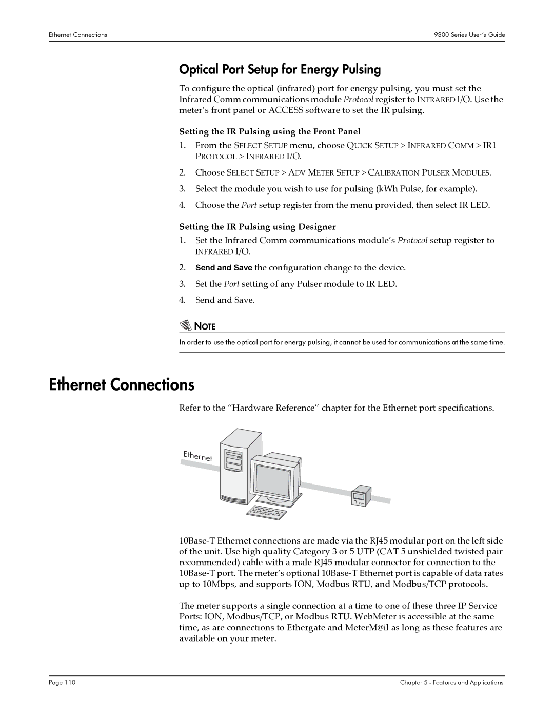 Siemens 9330, 9350, 9300 manual Ethernet Connections, Optical Port Setup for Energy Pulsing 