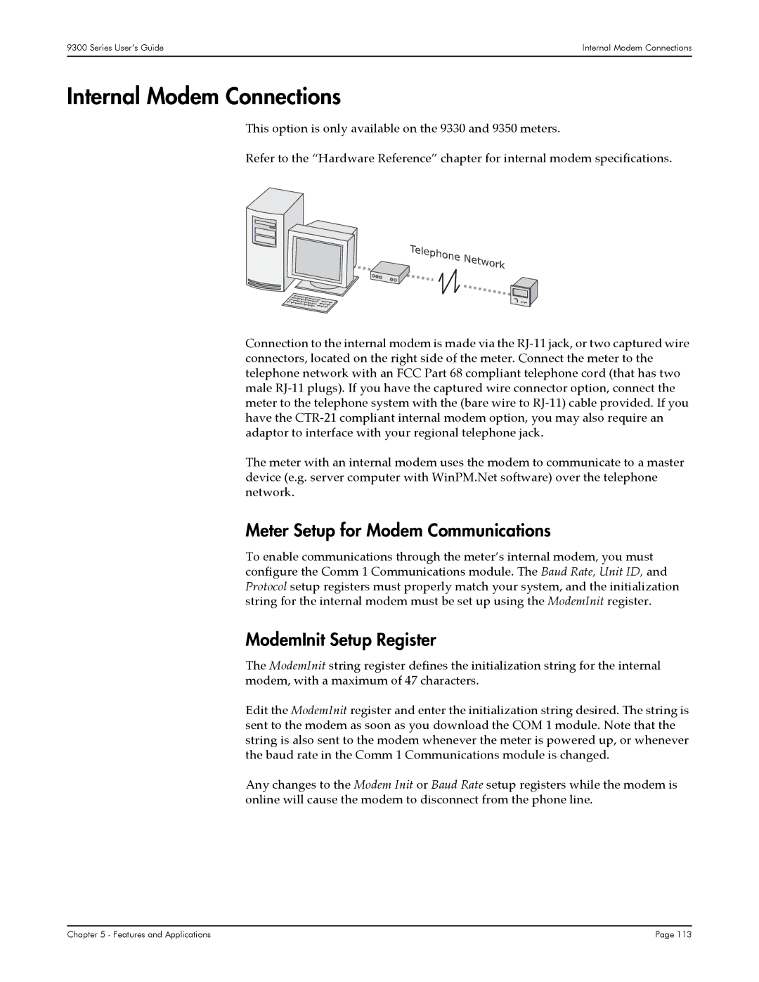 Siemens 9330, 9350, 9300 manual Internal Modem Connections, Meter Setup for Modem Communications, ModemInit Setup Register 