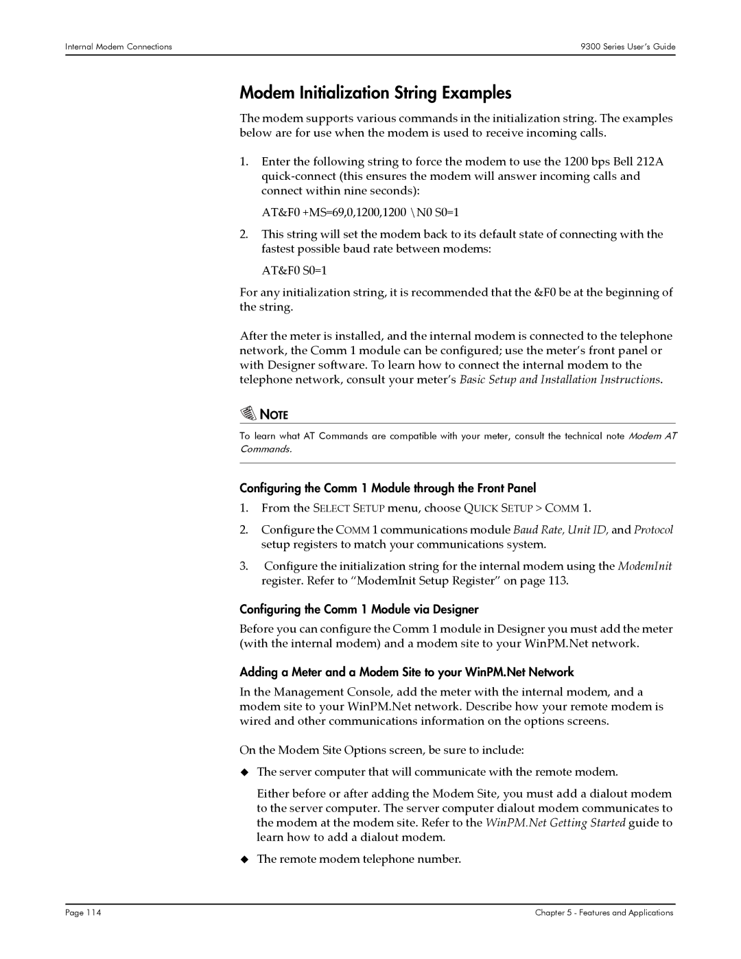 Siemens 9350, 9300, 9330 manual Modem Initialization String Examples, Configuring the Comm 1 Module through the Front Panel 