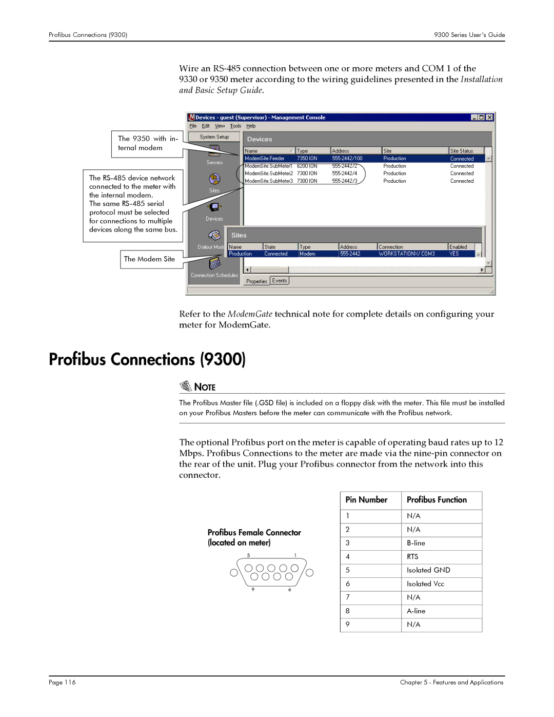 Siemens 9330, 9350, 9300 manual Profibus Connections, Pin Number, Profibus Female Connector Located on meter 