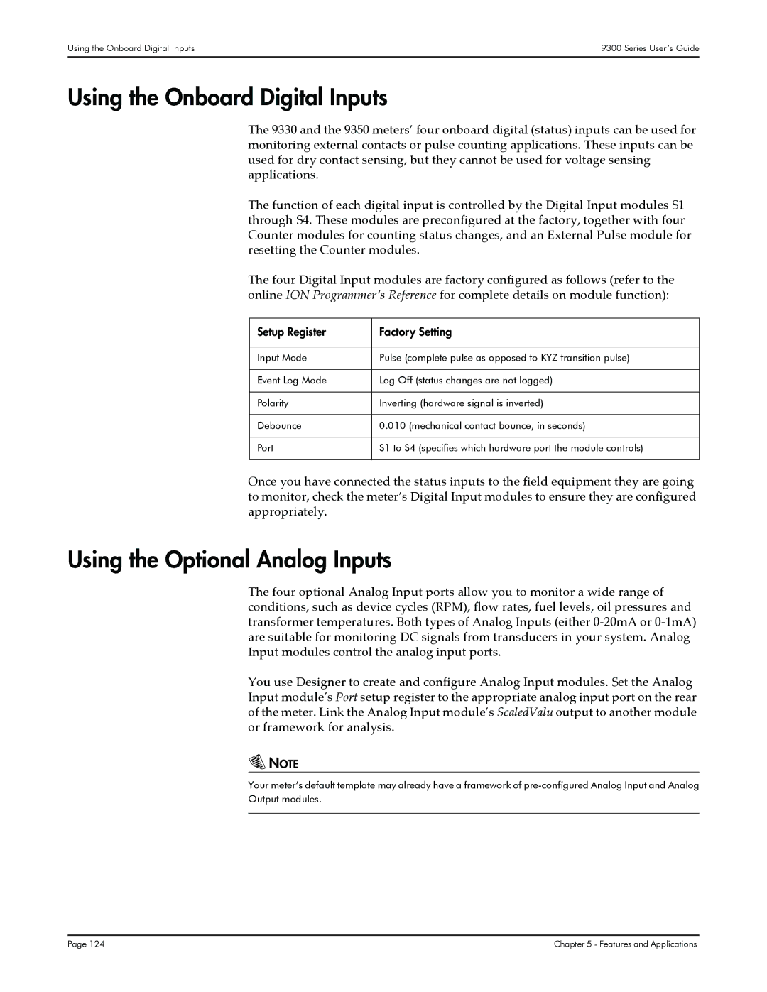 Siemens 9300, 9350, 9330 Using the Onboard Digital Inputs, Using the Optional Analog Inputs, Setup Register Factory Setting 