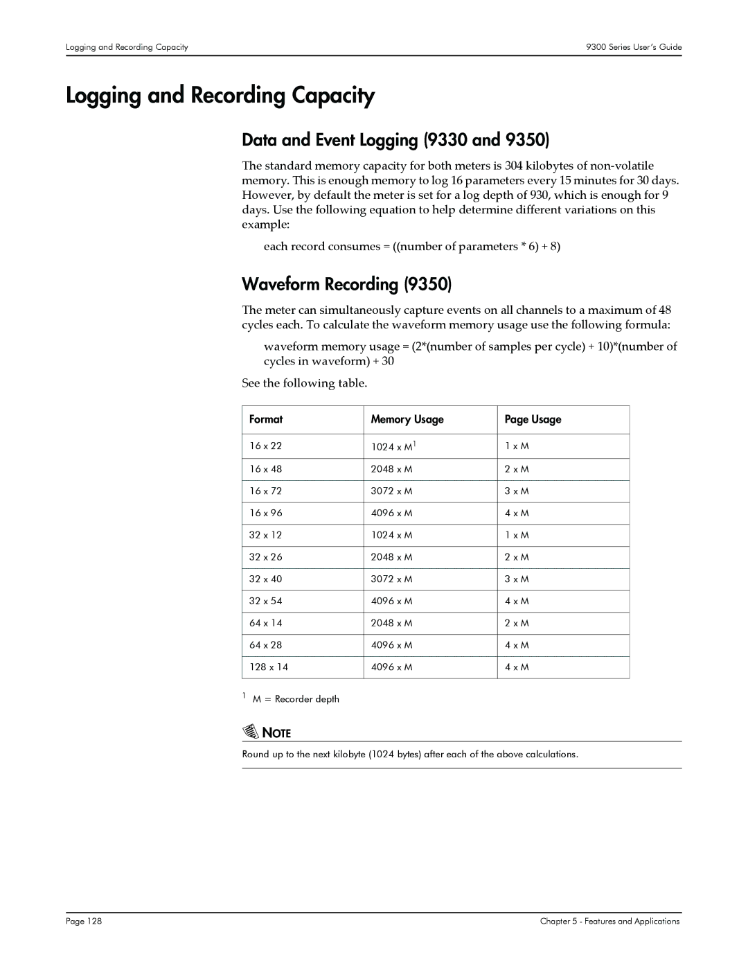 Siemens 9350, 9300 Logging and Recording Capacity, Data and Event Logging 9330, Waveform Recording, Format Memory Usage 