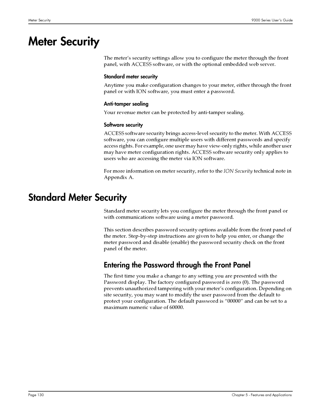 Siemens 9300, 9350, 9330 manual Standard Meter Security, Entering the Password through the Front Panel 