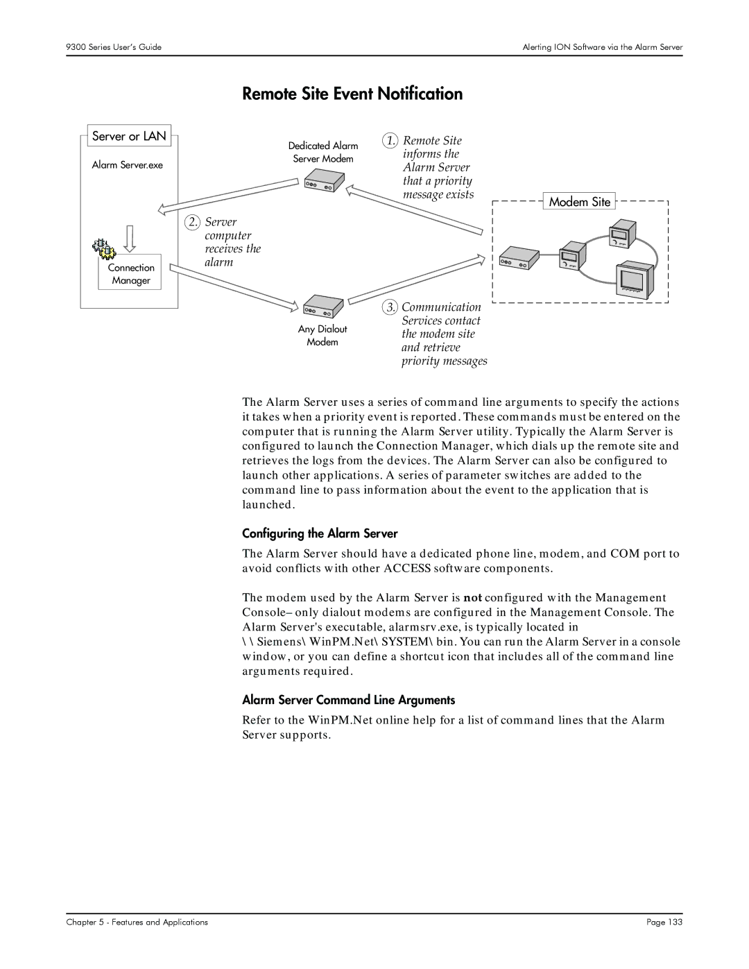 Siemens 9300, 9350, 9330 manual Remote Site Event Notification, Server or LAN, Modem Site, Configuring the Alarm Server 