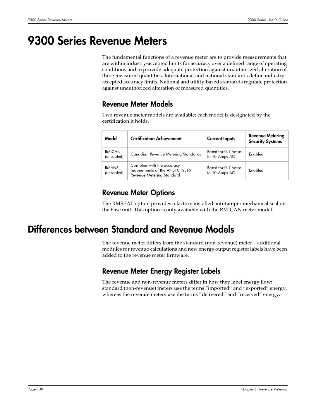 Siemens 9350, 9300, 9330 manual Series Revenue Meters, Differences between Standard and Revenue Models, Revenue Meter Models 