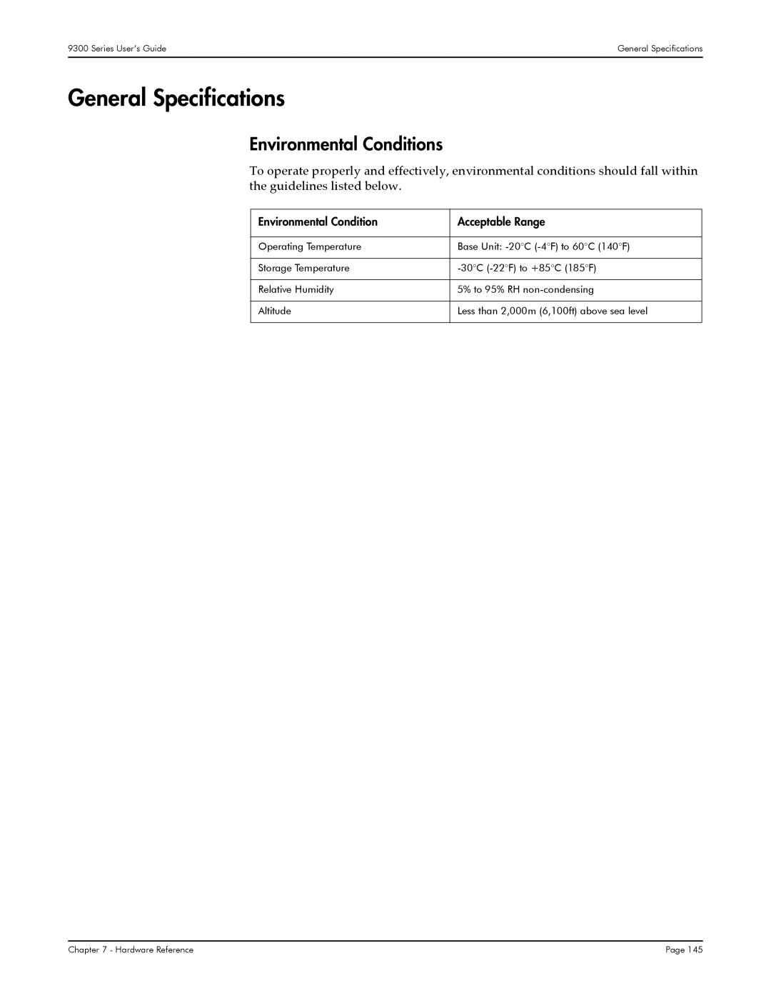 Siemens 9300, 9350, 9330 manual General Specifications, Environmental Conditions, Environmental Condition Acceptable Range 