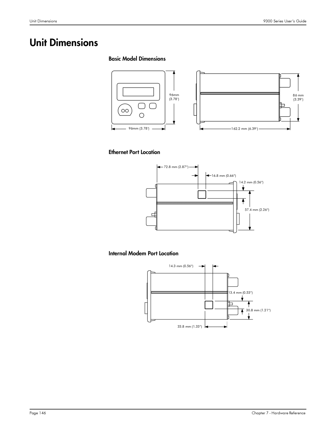 Siemens 9330, 9350, 9300 manual Unit Dimensions, Basic Model Dimensions, Ethernet Port Location, Internal Modem Port Location 