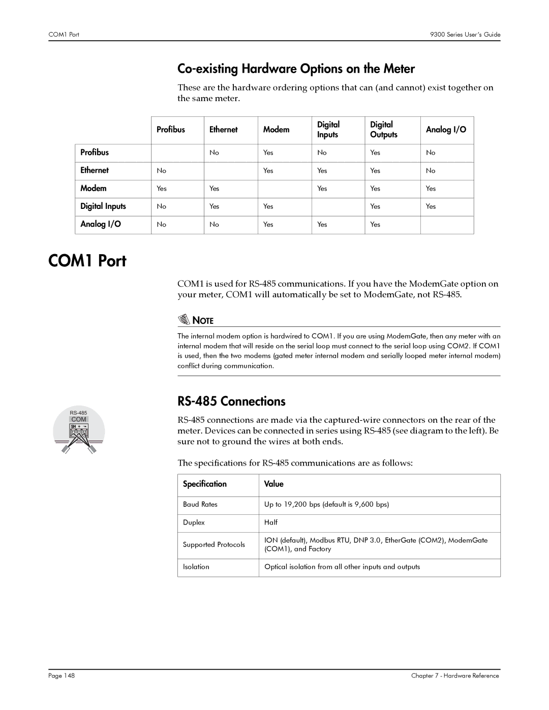 Siemens 9300, 9350, 9330 manual COM1 Port, Co-existing Hardware Options on the Meter, RS-485 Connections 