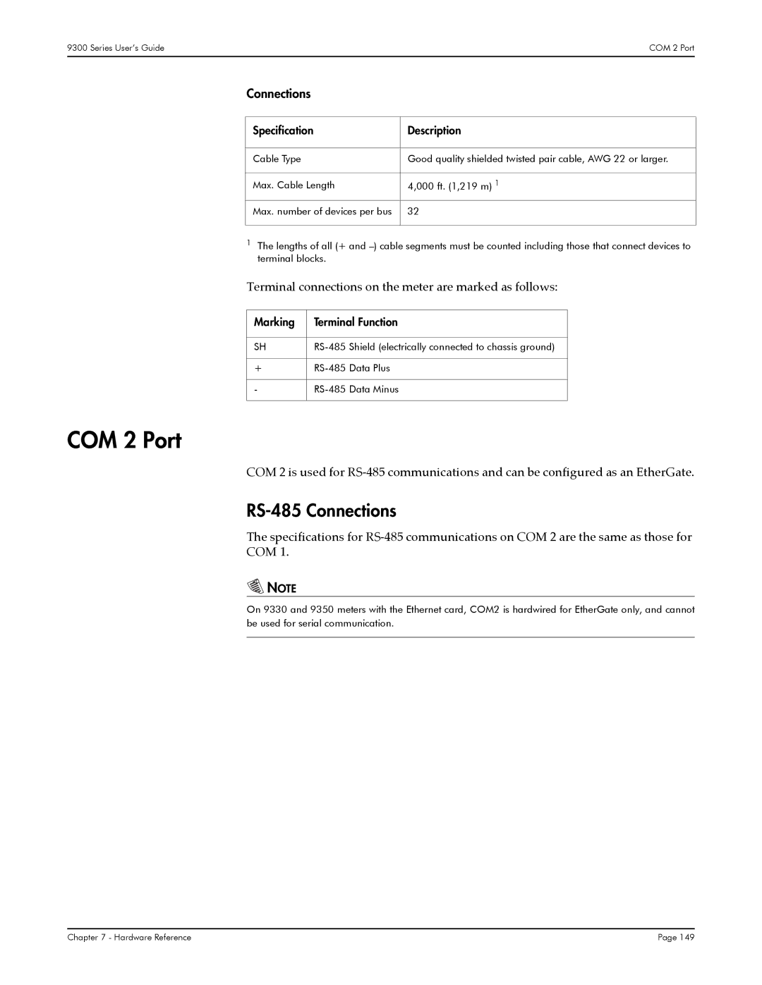 Siemens 9330, 9350, 9300 manual COM 2 Port, Connections, Specification Description, Marking Terminal Function 