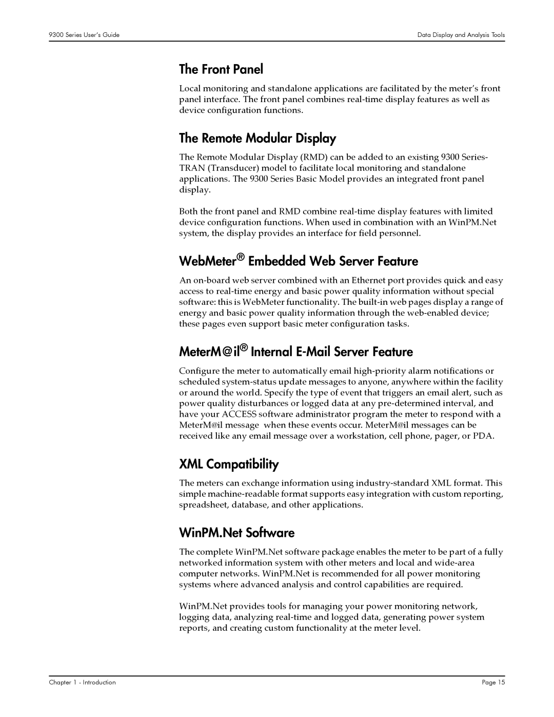 Siemens 9350, 9300, 9330 manual Front Panel, Remote Modular Display, WebMeter Embedded Web Server Feature, XML Compatibility 