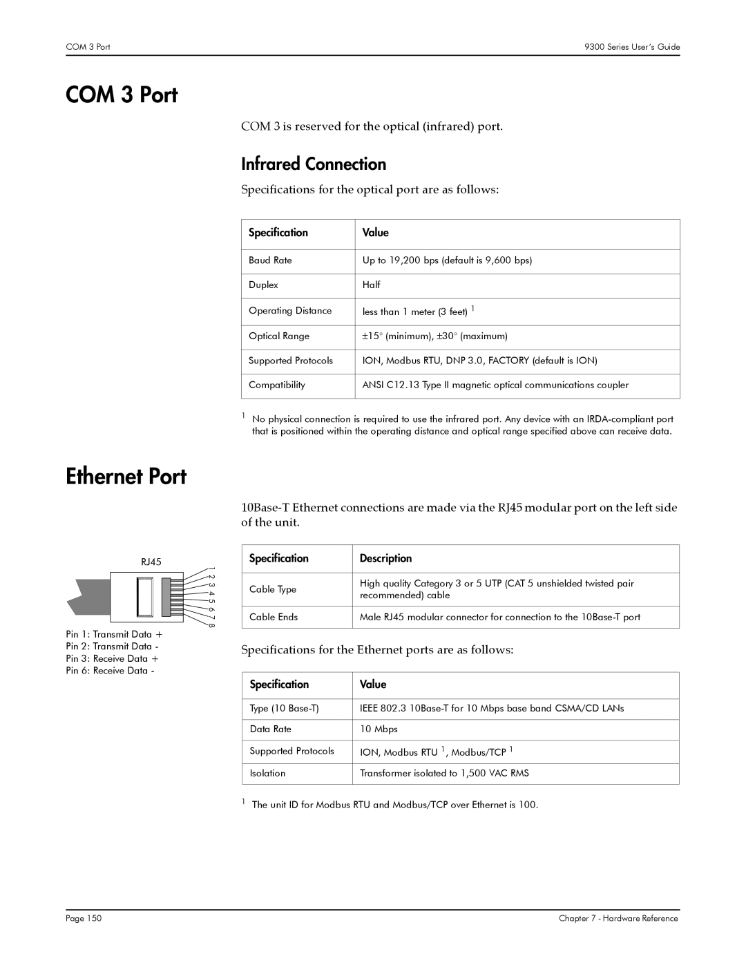 Siemens 9350, 9300, 9330 manual COM 3 Port, Ethernet Port, Infrared Connection 