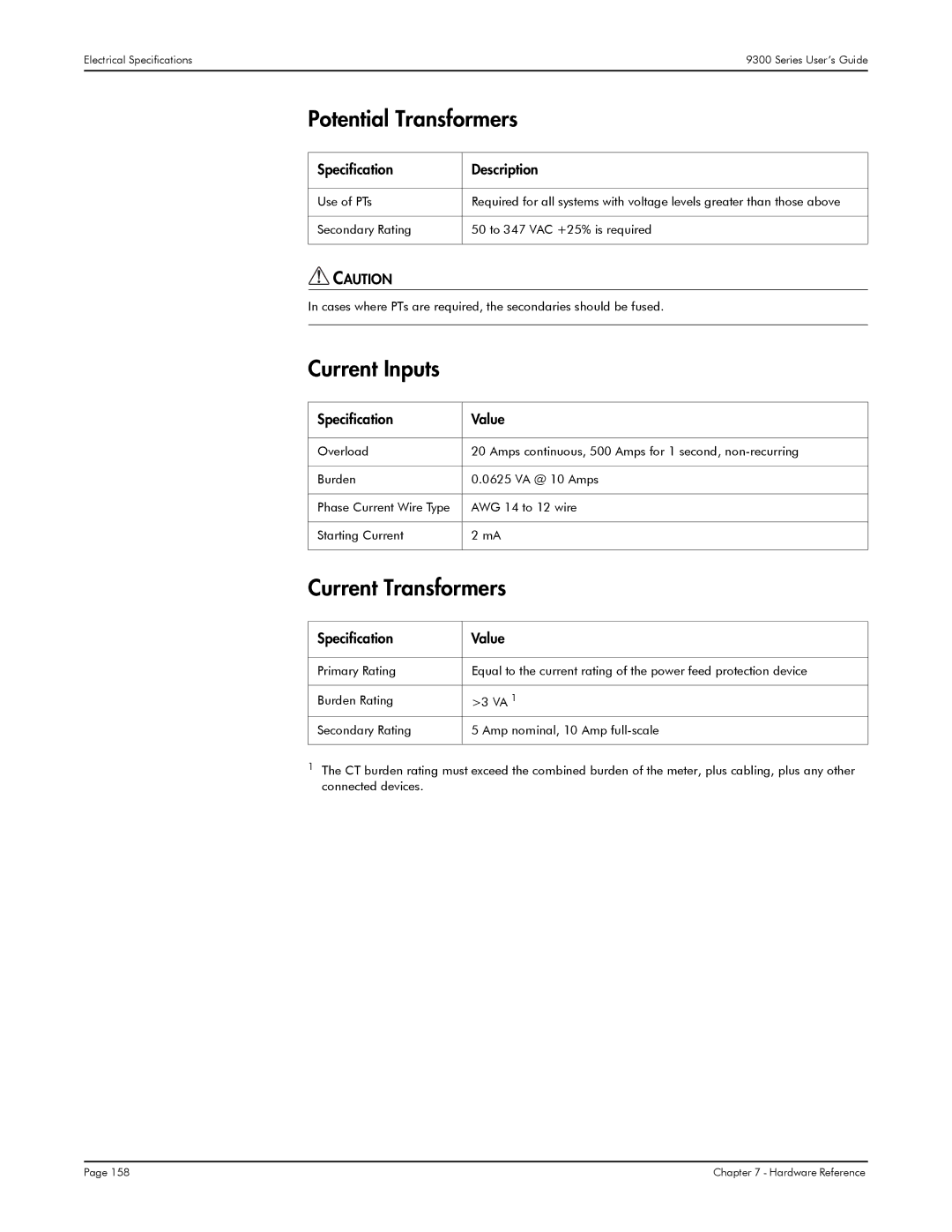 Siemens 9330, 9350, 9300 manual Potential Transformers, Current Inputs, Current Transformers 