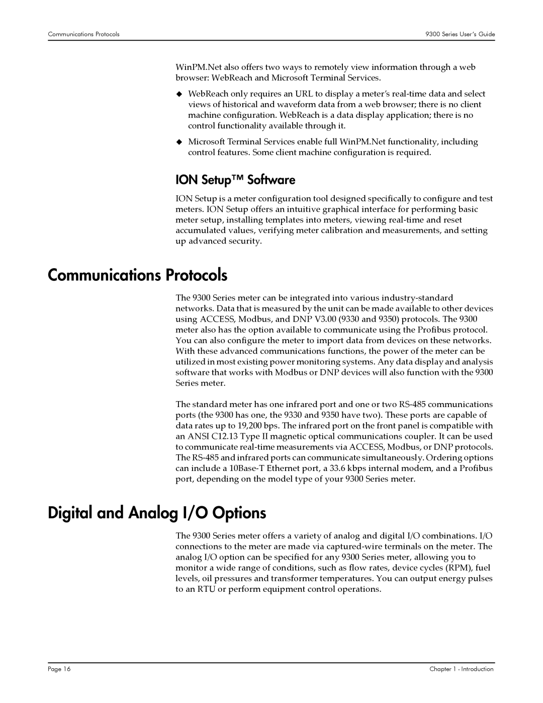 Siemens 9300, 9350, 9330 manual Communications Protocols, Digital and Analog I/O Options, ION Setup Software 