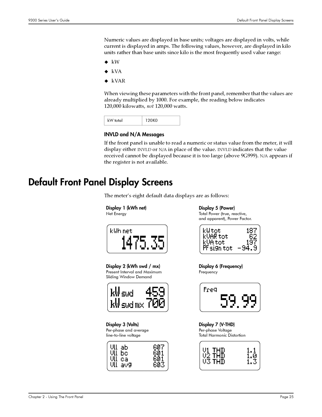 Siemens 9300, 9350, 9330 Default Front Panel Display Screens, Invld and N/A Messages, Display 1 kWh net Display 5 Power 