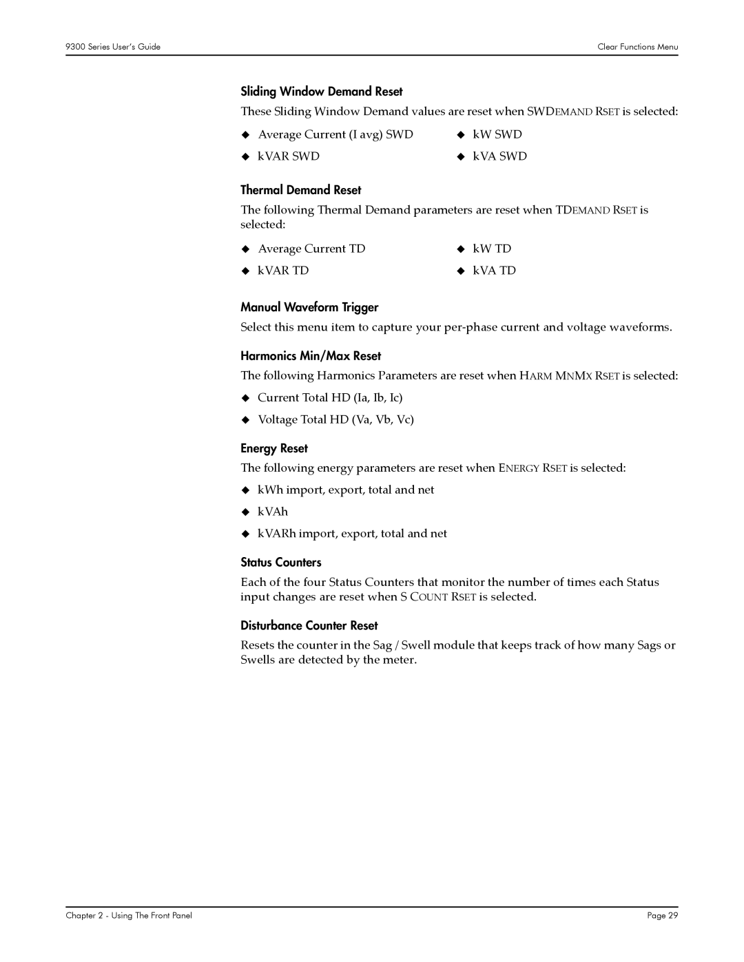 Siemens 9330, 9350 Sliding Window Demand Reset, Thermal Demand Reset, Manual Waveform Trigger, Harmonics Min/Max Reset 