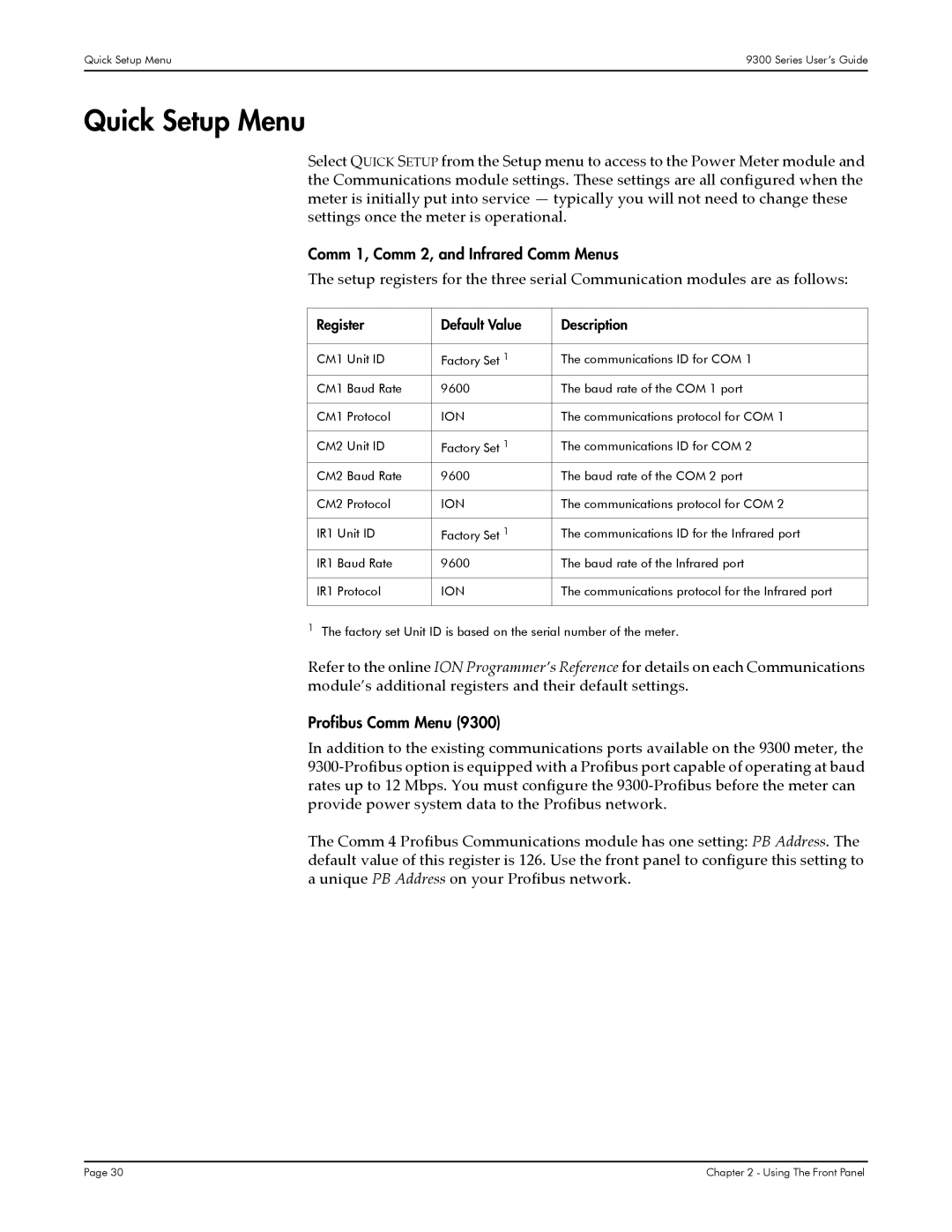 Siemens 9350, 9300, 9330 manual Quick Setup Menu, Comm 1, Comm 2, and Infrared Comm Menus, Profibus Comm Menu 