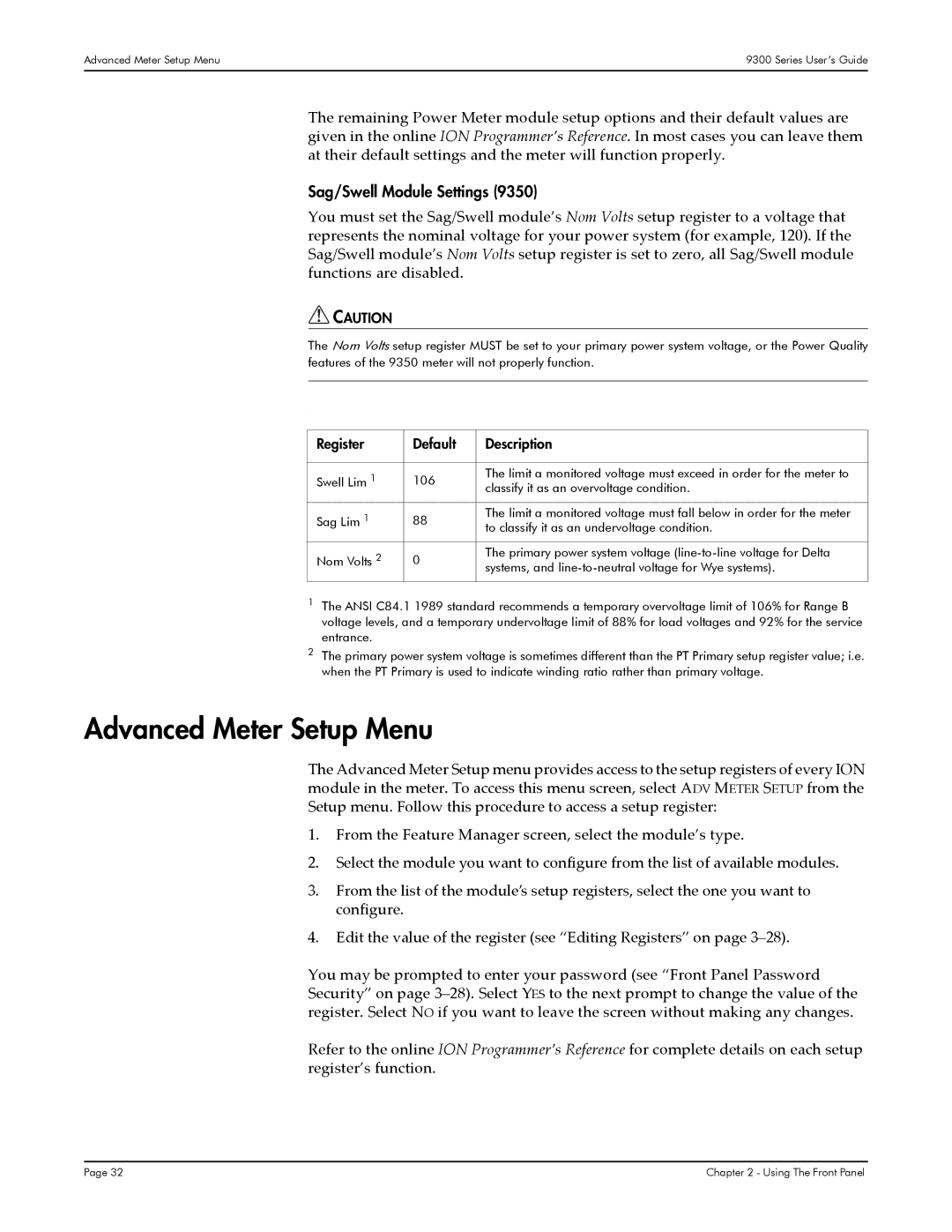 Siemens 9330, 9350, 9300 manual Advanced Meter Setup Menu, Sag/Swell Module Settings, Register Default Description 