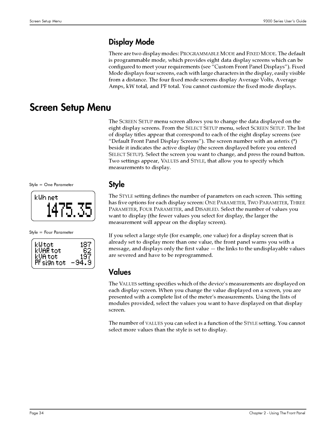 Siemens 9300, 9350, 9330 manual Screen Setup Menu, Display Mode, Style, Values 