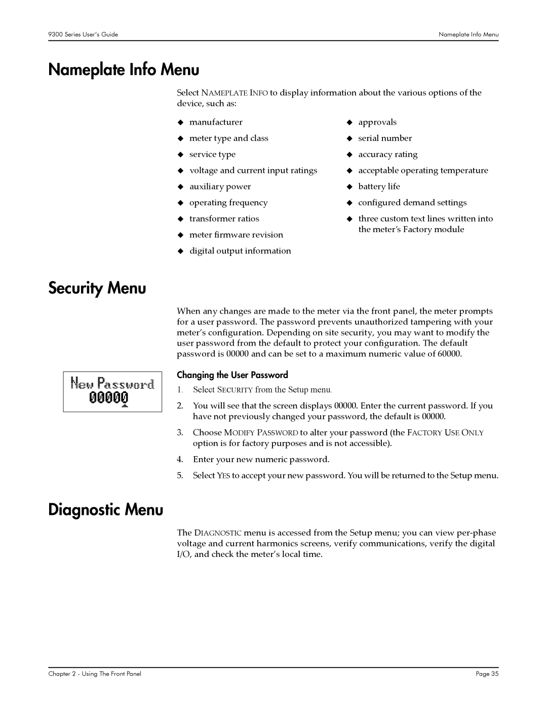 Siemens 9330, 9350, 9300 manual Nameplate Info Menu, Security Menu, Diagnostic Menu, Changing the User Password 