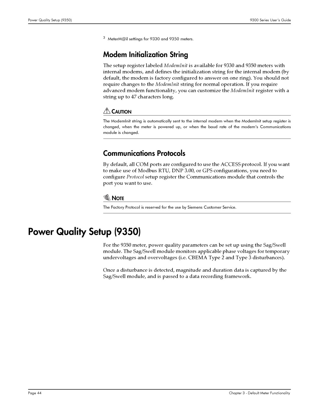 Siemens 9330, 9350, 9300 manual Power Quality Setup, Modem Initialization String, Communications Protocols 