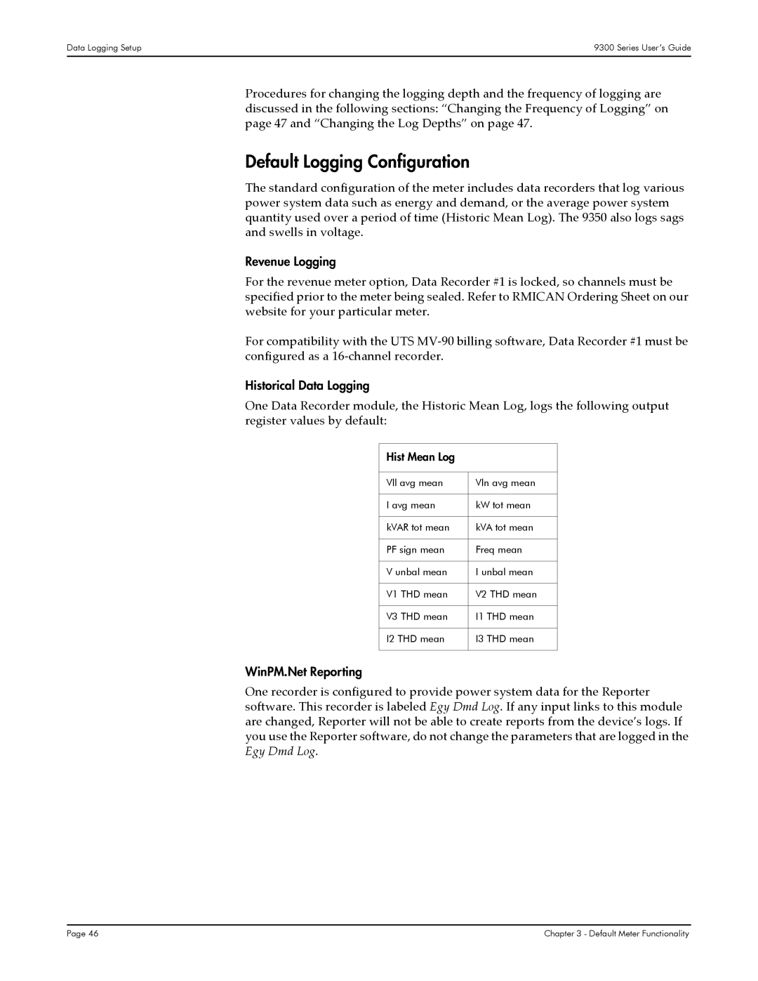 Siemens 9300 Default Logging Configuration, Revenue Logging, Historical Data Logging, WinPM.Net Reporting, Hist Mean Log 