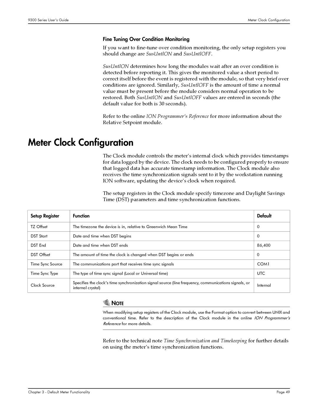 Siemens 9300, 9350, 9330 Meter Clock Configuration, Fine Tuning Over Condition Monitoring, Setup Register Function Default 