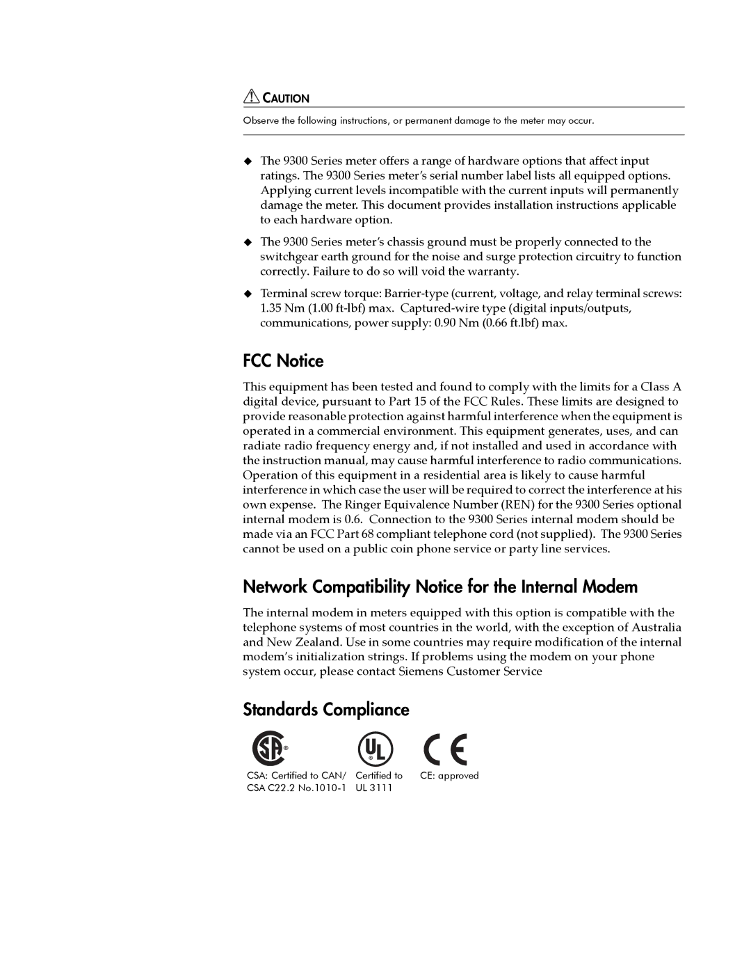 Siemens 9330, 9350, 9300 manual Standards Compliance 