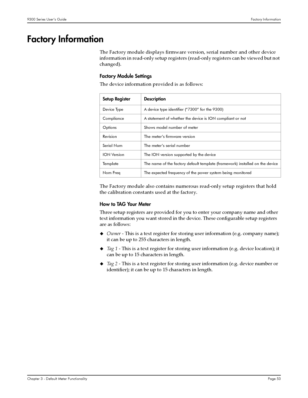 Siemens 9330, 9350, 9300 Factory Information, Factory Module Settings, How to TAG Your Meter, Setup Register Description 