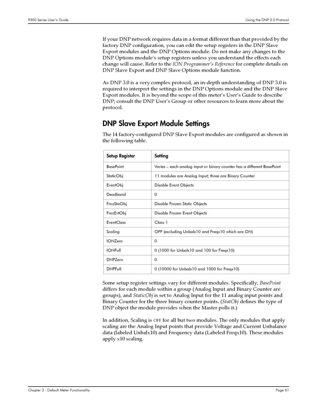 Siemens 9300, 9350, 9330 manual DNP Slave Export Module Settings, Setup Register Setting 