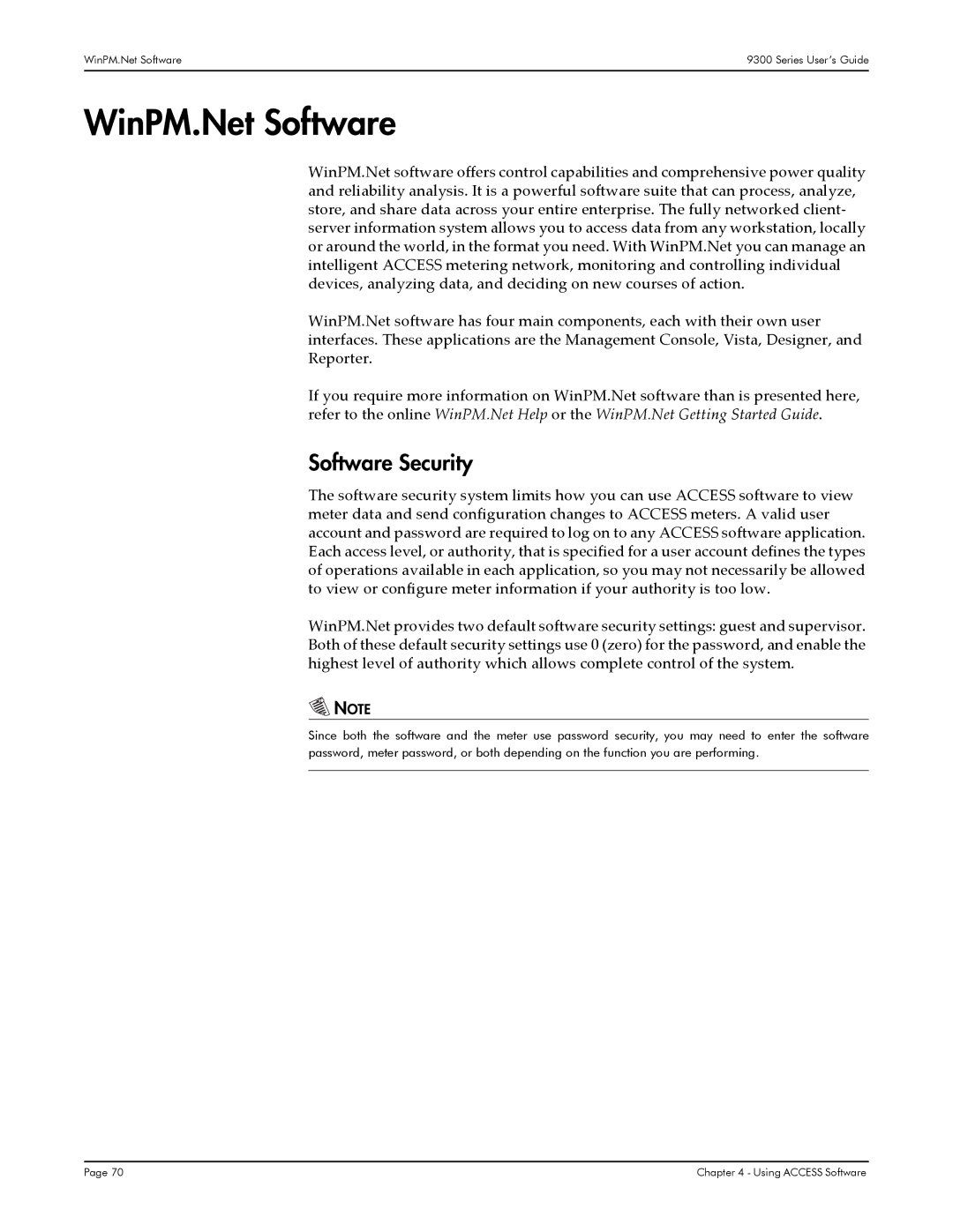 Siemens 9300, 9350, 9330 manual WinPM.Net Software, Software Security 