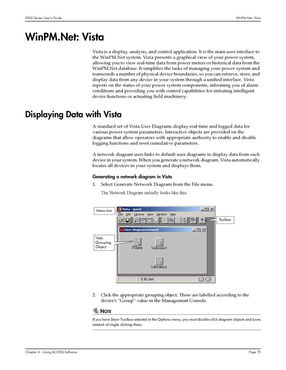 Siemens 9350, 9300, 9330 manual WinPM.Net Vista, Displaying Data with Vista, Generating a network diagram in Vista 