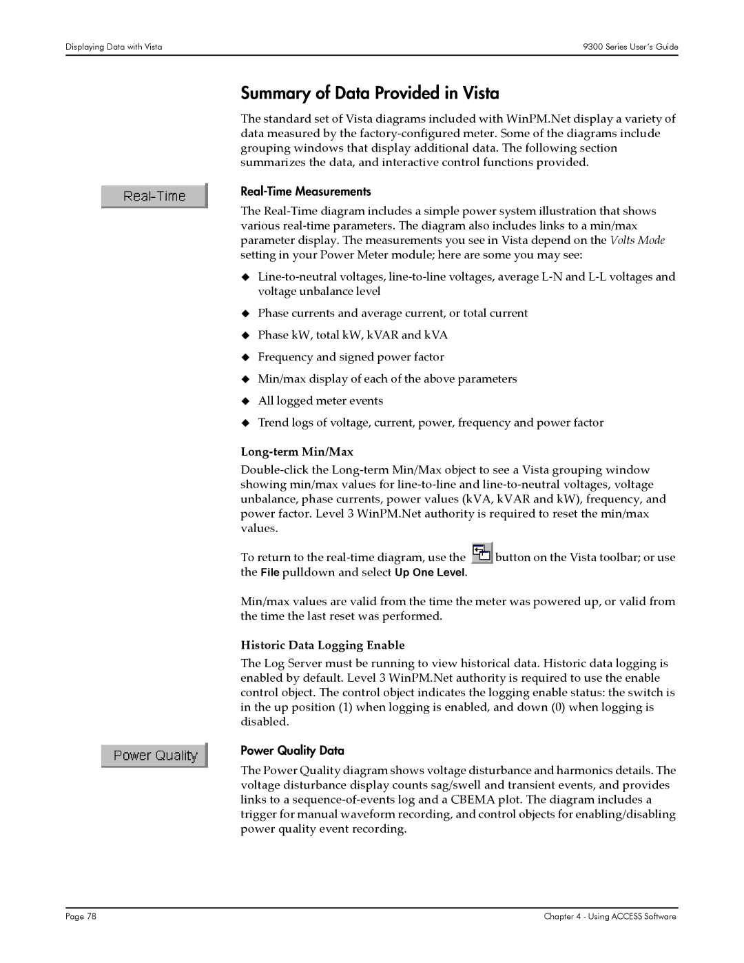 Siemens 9350, 9300, 9330 manual Summary of Data Provided in Vista, Real-Time Measurements, Power Quality Data 