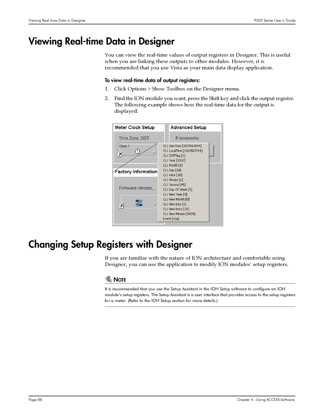 Siemens 9300, 9350, 9330 manual Viewing Real-time Data in Designer, Changing Setup Registers with Designer 