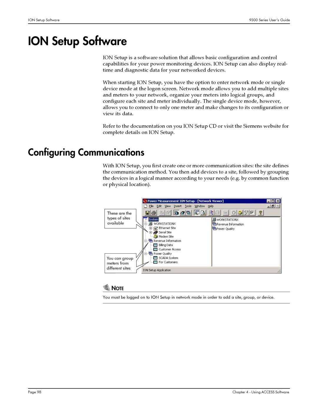 Siemens 9330, 9350, 9300 manual ION Setup Software, Configuring Communications 