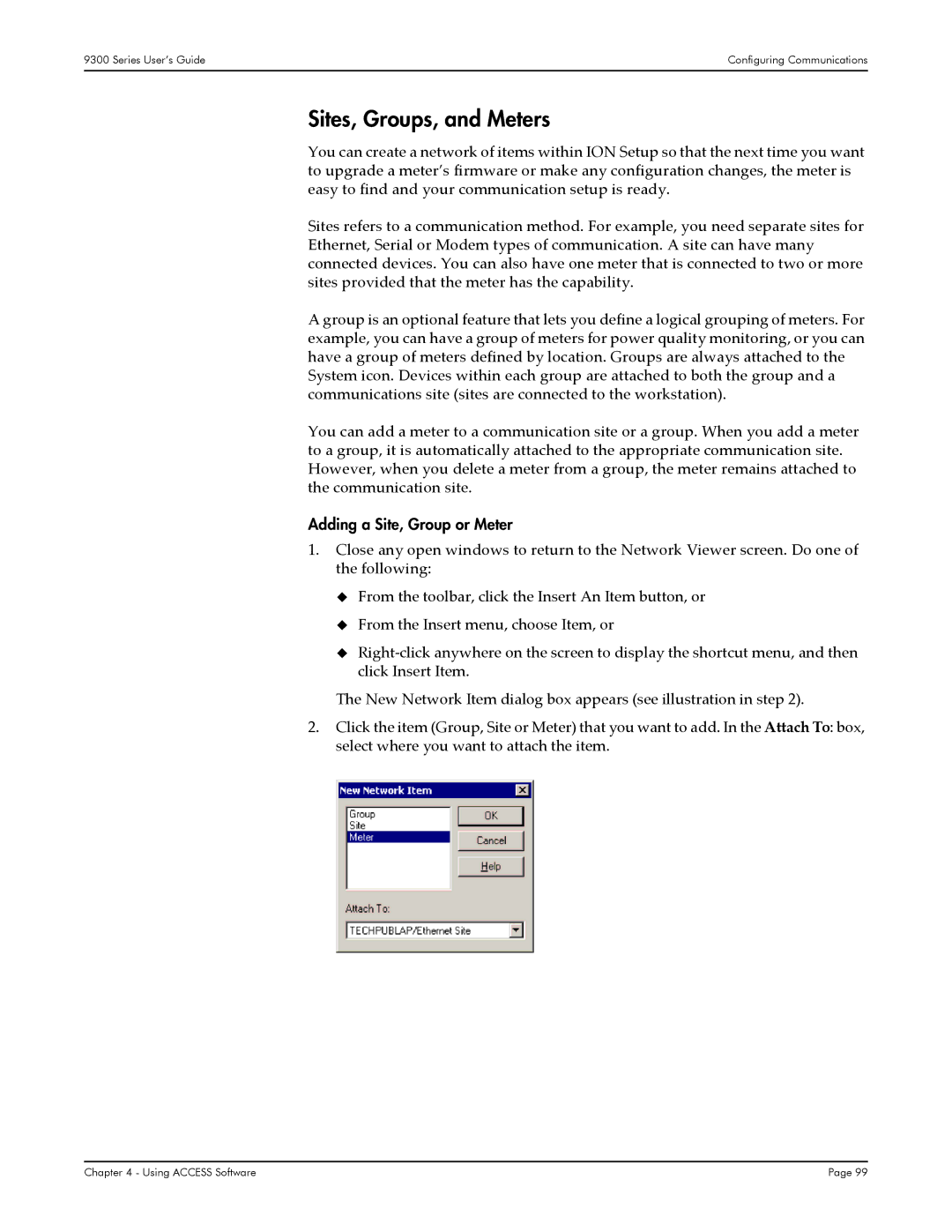 Siemens 9350, 9300, 9330 manual Sites, Groups, and Meters, Adding a Site, Group or Meter 